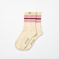 A pair of cream-colored barefoot socks with pink and burgundy stripes near the ribbed cuff, featuring the text 'get closer' printed on the sole, displayed on a clean white background.