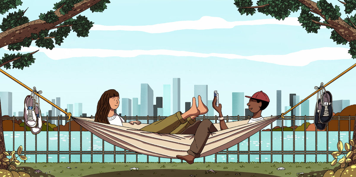 Cartoon-style illustration of two people in a hammock with a city skyline in the background.