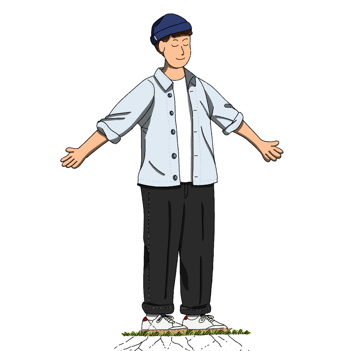 Cartoon character standing on a twig with a white background