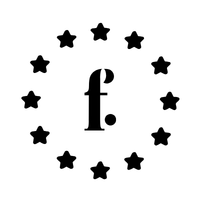 Logo with a stylized 'f.' surrounded by stars on a white background meaning barefoot shoes made in Europe