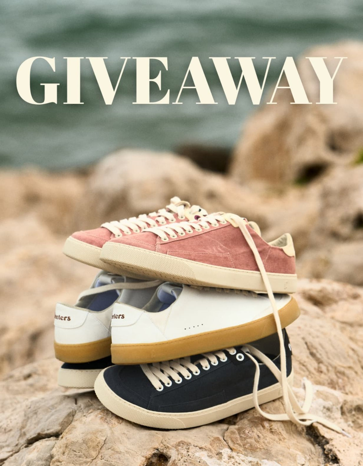 Three pairs of barefoot sneakers stacked on rocks with 'GIVEAWAY' text above